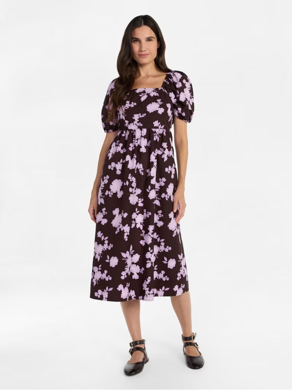 Time and Tru Floral Square-Neck Midi Dress in Lavender on Deep Plum